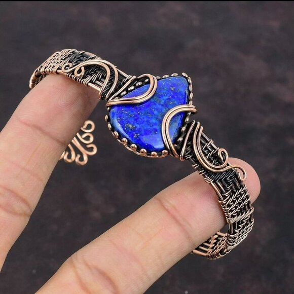 Copper Wire Wrapped Lapis Lazuli Pear Shape Adjustable Bracelet - Picture 1 of 15